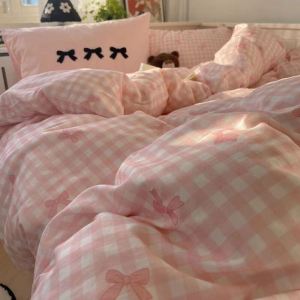 Delicate Washed Cotton Fresh Pink Bowknot Four Piece Bedding Set Duvet Cover Bed Sheet Twin Dormitory Three Piece Bedding