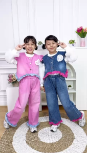 Dungdungkids Setelan Anak Jeans 3 in 1 Casey Bunga Lengan Ballon 3 - 12 Tahun