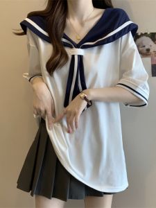 Navy Collar Short Sleeve T-Shirt Women Summer plus Size Base Shirt Stylish Mid-Length Cover Butt Top Korean Style Loose Fit