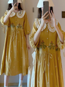 Sweet French Style Maternity Dress Embroidered Lace Short Sleeve Babydoll Neck Bow Tie Long Dress Summer Season Soft Material