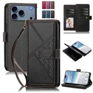 Grid Pattern PU Leather Flip Wallet Phone Case For iPhone 18 Pro Max 17 air 16 plus 15 14 13 Multi Card Slots Photo Holder Wrist Strap Kickstand Shockproof Business Protective Cover