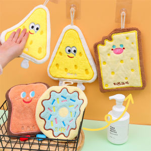 4PCS Cute Cartoon Food Cheese Hand Towel Hanging Towels Double-thickness Absorbent Quick Drying Kitchen Dishcloths Bathroom Soft Coral Velvet Towels