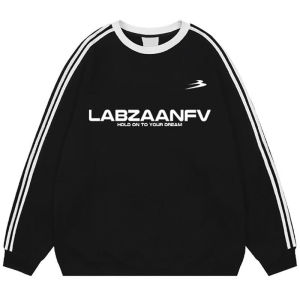 เสื้อสเวตเตอร์คอกลมแขนยาวแบบสวมหัวสไตล์อเมริกัน ทรงหลวม สำหรับผู้ชาย ฤดูใบไม้ร่วง/ฤดูหนาว แฟชั่นสตรีท ลายตัวอักษร 3 แถบ ไม่มีหมวก