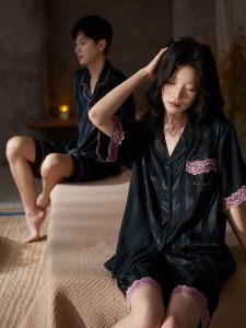 MiiOW | Bộ đồ ngủ lụa băng mùa hè cho cặp đôi MiiOW dành cho nam và nữ Áo len cardigan tay ngắn Quần short Bộ đồ mặc nhà thoáng mát