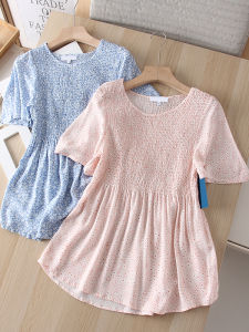 New 2025 Womens Chiffon Top round Neck Short Sleeve Loose Fit Elastic Bandage Floral Print Korean Style Summer T-shirt