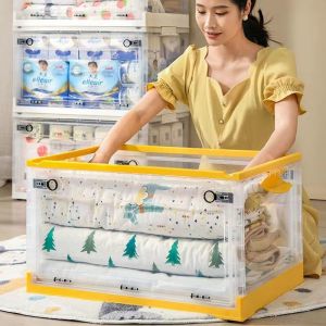 Large Foldable Home Use Transparent Storage Box with Wheels Three Door Clothes Quilt Toys Books Organizer Box Modern Style