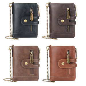 กระเป๋าสตางค์หนัง PU ผู้ชายพร้อมโซ่กระเป๋าเก็บบัตรผู้ชายสองพับและซิปกระเป๋าเสื้อเหรียญ