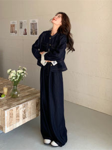 Trendy Korean Striped Patchwork Denim Set Womens Spring Autumn Two-Piece Outfit Unique Preppy Style Long Sleeve Button Closure