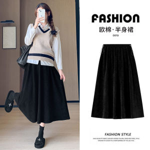 Váy Midi Chữ a Lót Nhung Kẻ Mùa Thu Đông Mới Cho Bà Bầu Váy Dài Đến Giữa Bắp Chân Cạp Cao Ôm Sát Cơ Thể Váy Xếp Ly Tròn