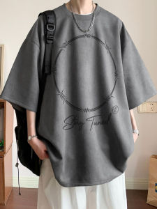 Retro American Short Sleeve T-Shirt Men Summer Heavyweight Loose Suede Fabric Half Sleeve Trendy Brand Five-Quarter Sleeve Top