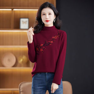 เสื้อเชิ้ตคอปกสูงปานกลางผู้หญิงแขนยาวทรงสลิมฟิต อบอุ่น เสื้อชั้นในลายดอกไม้ แฟชั่นฤดูใบไม้ร่วง/ฤดูหนาว