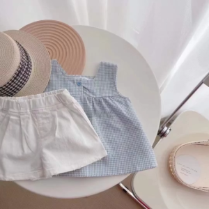 Girls Sleeveless Plaid Top + Shorts Two-Piece Suit Korean Style Sling Top Little Girl Shorts Set Cotton