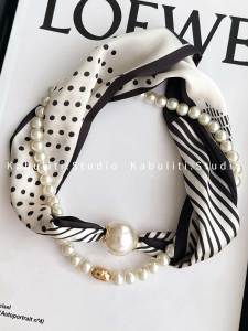 Versatile Silk Scarf Pearl Button Summer Neck Protection Womens Shirt Thin Scarf Business OL Style Double-Sided Polka Dot