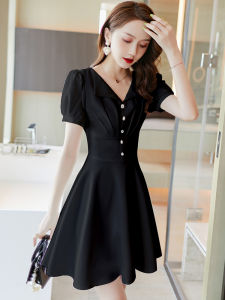 Elegant Black French Hepburn Style Womens Dress Slimming Summer 2025 New High Waist V-Neck Short Sleeve A-Line Skirt