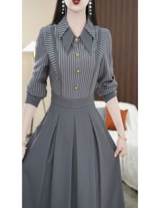 Elegant Doll Collar A-Line Dress Womens High Waist Splice Midi Skirt Fashionable Meticulous Design Korean Style Long Sleeve