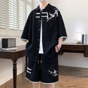 Áo Sơ Mi Nam Ngắn Tay Phong Cách Trung Quốc Mới Và Bộ Quần Short Quần Đùi Mùa Hè Thời Trang Thương Hiệu Cao Cấp Cảm Giác Hai Mảnh Bộ Phong Cách Quốc Gia Truyền Thống Thoải Mái Biểu Diễn Đồ Thể Thao