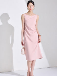 Elegant Pink Sleeveless Womens Dress Versatile Slim Fit Summer New Style Casual Pure Color Wrap Style Zipper Back H-Line Skirt
