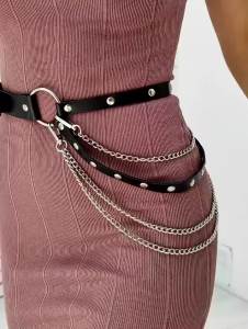Women Plus Size PU Leather Waist Chain Harness Belt Adjustable Chain Decor Waist Belt for Gothic Rave Festival Daily Outfit