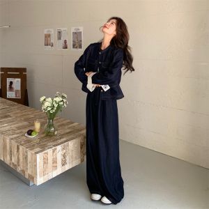 Trendy Korean Striped Patchwork Denim Set Womens Spring Autumn Two-Piece Outfit Unique Preppy Style Long Sleeve Button Closure