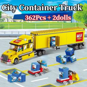 City Technical Yellow Delivery Transporter Truck Building Blocks Green Blue Bus Station Model Toy for Kid Holiday Gifts