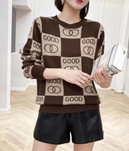 Elegant Knitted Sweater with Shiny Letter Design Half High Collar Long Sleeve Overhead Style for Women Casual Chic Look