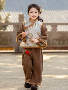 New Chinese Style Childrens Cheongsam Fleece Lined New Year Visiting Outfit Girls Princess Winter Clothes Set Traditional Ethnic Fashion
