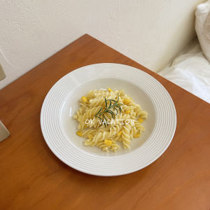 Deep Dish Ceramic Salad Plate Nordic Style round Shape Dining Utensils for Restaurant Home Stay Ins Blogger Model Thread Design