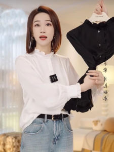 Casual Long Sleeve Shirt Single Button Design Slimming Lace Pure Color Fashionable Womens Silk Top Commute Korean Style