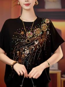 HUAXUNRAN | Stylish Diamond-Decorated Blouse Short Sleeve T-shirt
