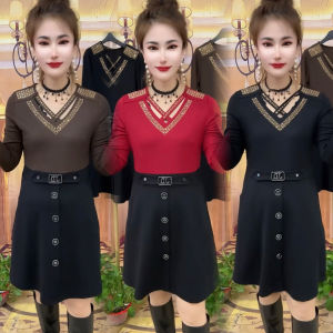 ชุดเดรสยาวทรงหลวมสไตล์ใหม่สำหรับผู้หญิง ดีไซน์เก๋ไก๋ กระโปรงทรงเอ แขนยาว คอวี ชุดทำงานฤดูใบไม้ร่วง