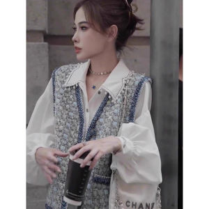Elegant French Style Chic -style Womens Shirt Vest Set