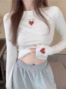 Early Spring Shoulder White Khaki Waist Long Sleeves T-Shirt Womens Inner Wear Fall and Winter Design Print Dralon Thickened Bottoming Shirt