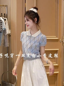 Zhang Yuan Yi Womens Summer 2024 Knit Shirt Short Sleeve Plaid Design Small Fragrance Style Commute Regular Length Overhead