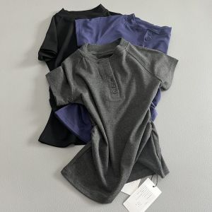 Áo Thun Nữ Tay Ngắn Mùa Hè Thường Ngày Cổ Tròn Dáng Ôm Có Nút Cài Xếp Ly Tay Lửng Chất Liệu Polyester Và Viscose