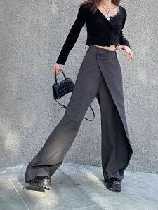 Plus Size Asymmetrical Summer Patchwork Wide-Leg Straight Trousers Womens Chubby Girl Design Fried Street Drape Casual Suit Pants