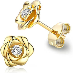 Huitan Rose Flowers Stud Earrings Women 4 Metal Colors Exquisite Female Earrings with Shiny Cubic Zirconia Aesthetic Ear Jewelry