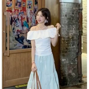 YUEZHONGWEI | White One-Shoulder Short-Sleeve T-Shirt Womens Summer Unique Beautiful Waist-Cut Slimming Baring Shoulder French Style Top
