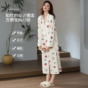 Nightdress Womens Spring and Autumn Long Sleeves Class a Pure Cotton Loose Maternity Dress Pregnant Womens Postpartum Nursing October Confinement Clothing
