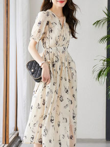 Summer Elegance French Style Waist-Cinching Short Sleeve Womens Dress