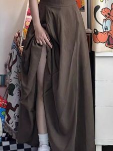 plus Size Brown A-Line Midi Skirt High Waist Pleated Gored Skirts Womens Spring Autumn Slimming Umbrella Skirts Fat MM