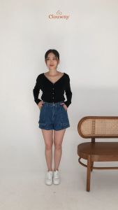 Clouwny Plush Pocket Short Denim Celana Jeans Pendek Wanita Korean Look