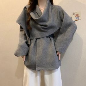 French Styled Oversized Sweater with Draped Collar and Waist Tie