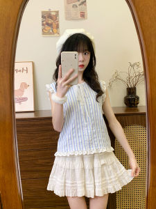 Áo Sơ Mi Cotton Tay Ngắn Họa Tiết Sọc Màu Xanh Lam Phong Cách Ngọt Ngào Cho Nữ Mùa Hè 2025 Áo Sơ Mi Cotton Pha Trộn