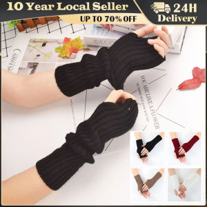 1 Pair Autumn Winter Short Arm Sleeves Half Finger Gloves For Women Solid Color Knitted Fingerless Gloves Hand Warmer Mittens