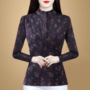 MAIMEI | Retro Floral Print Shirt Womens Fleece Lined Warmth Collar Slimming Mid-aged Autumn Winter New Style Commute Style Polyester Fiber