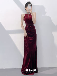 Elegant Evening Gown Silk Velvet Fish Tail Long Dress