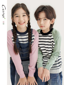 Spring New Arrival Kids Knitted Sweater Stripe Color Block Sleeve Lightweight Warm round Neck Long Sleeve Style Pure Yilang