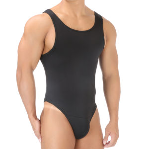 Mens Black Sleeveless Bodysuit Open Back Cheeky Style Stretch Jumpsuit