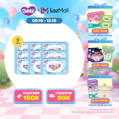 [20H 9.10 - 12.10 QUÀ MỚI]Combo 9 gói khăn ướt Bobby Care không hương 100 miếng/gói