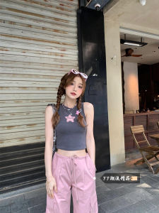 American Retro Spicy Girl Design Star Embroidery Slim Fit Vest Womens Winter Fashionable Versatile Short Sleeve Top